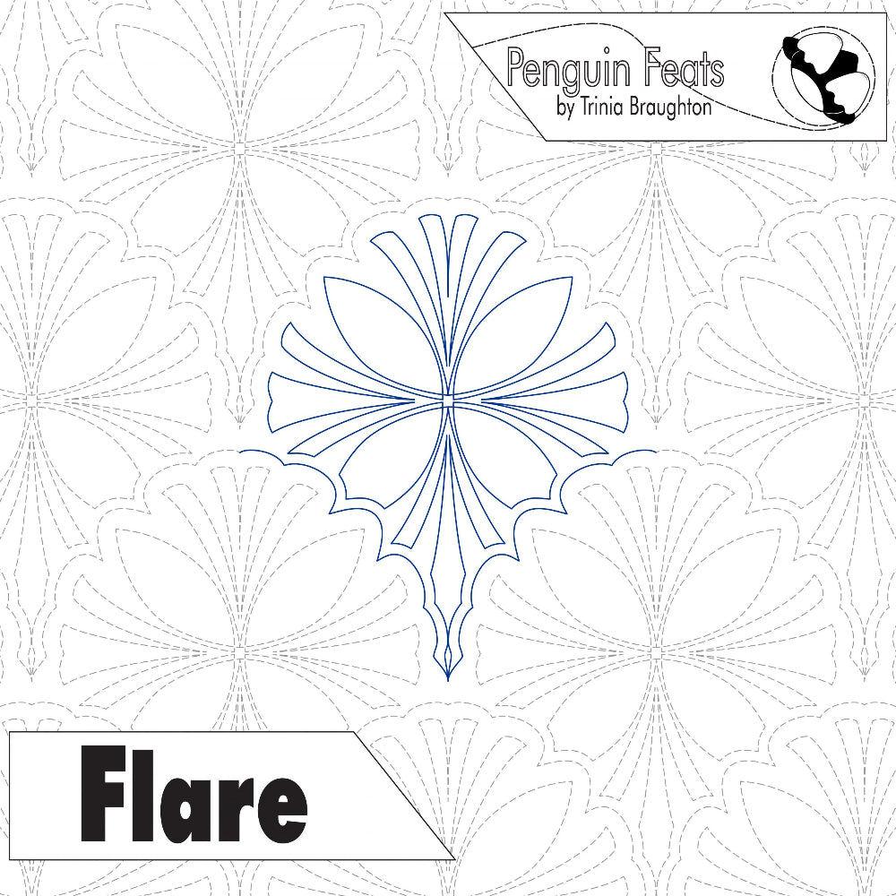 Design of a snowflake with 'Flare' text and 'Penguin Feats' branding on a patterned background.