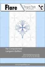 Flare design info for computerized longarm quilters with a blue design on a light gray background.