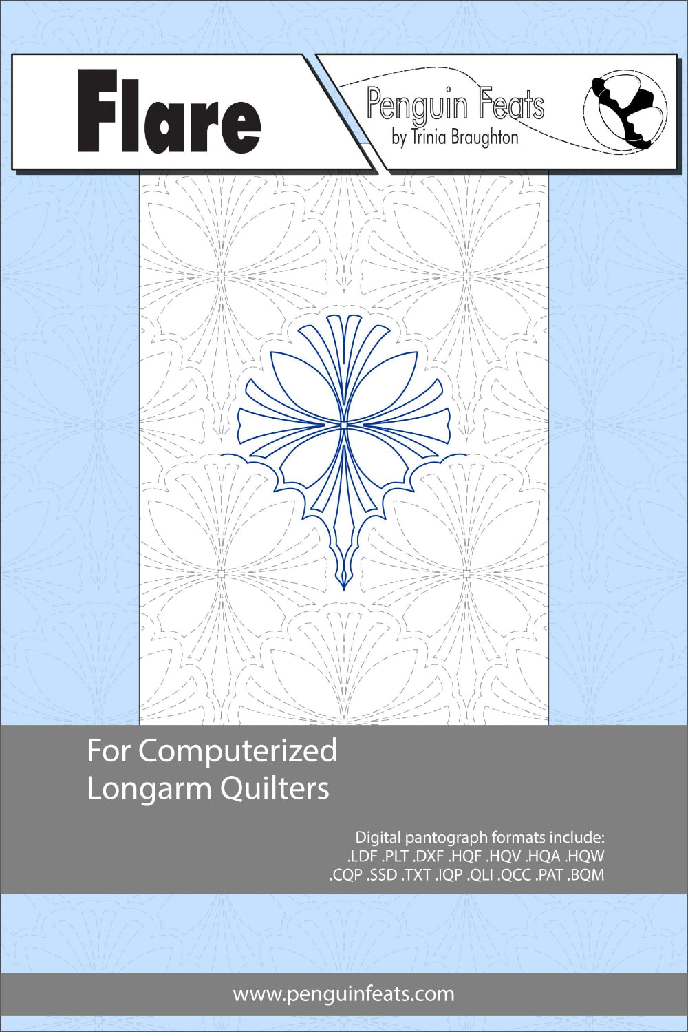 Flare design info for computerized longarm quilters with a blue design on a light gray background.