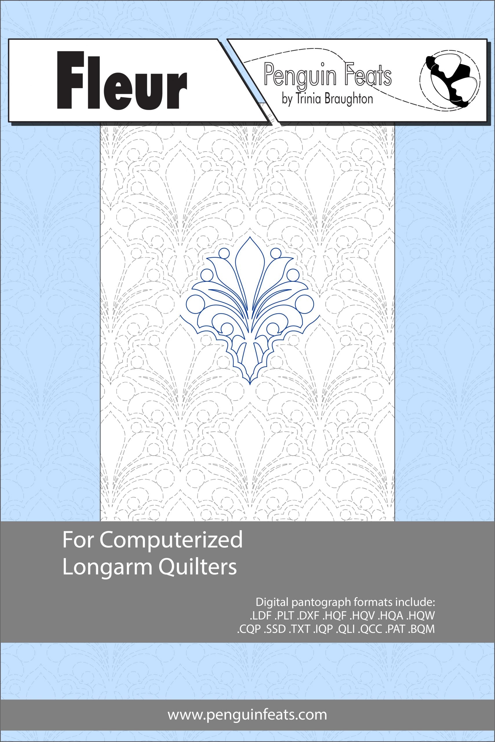 Design pattern for computerized longarm quilters with a blue floral pattern on a light blue background.