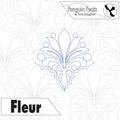 Quilting design template with 'Fleur' pattern on a white background, featuring the brand 'Penguin Feats' by Trinia Braughton.
