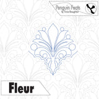 Quilting design template with 'Fleur' pattern on a white background, featuring the brand 'Penguin Feats' by Trinia Braughton.