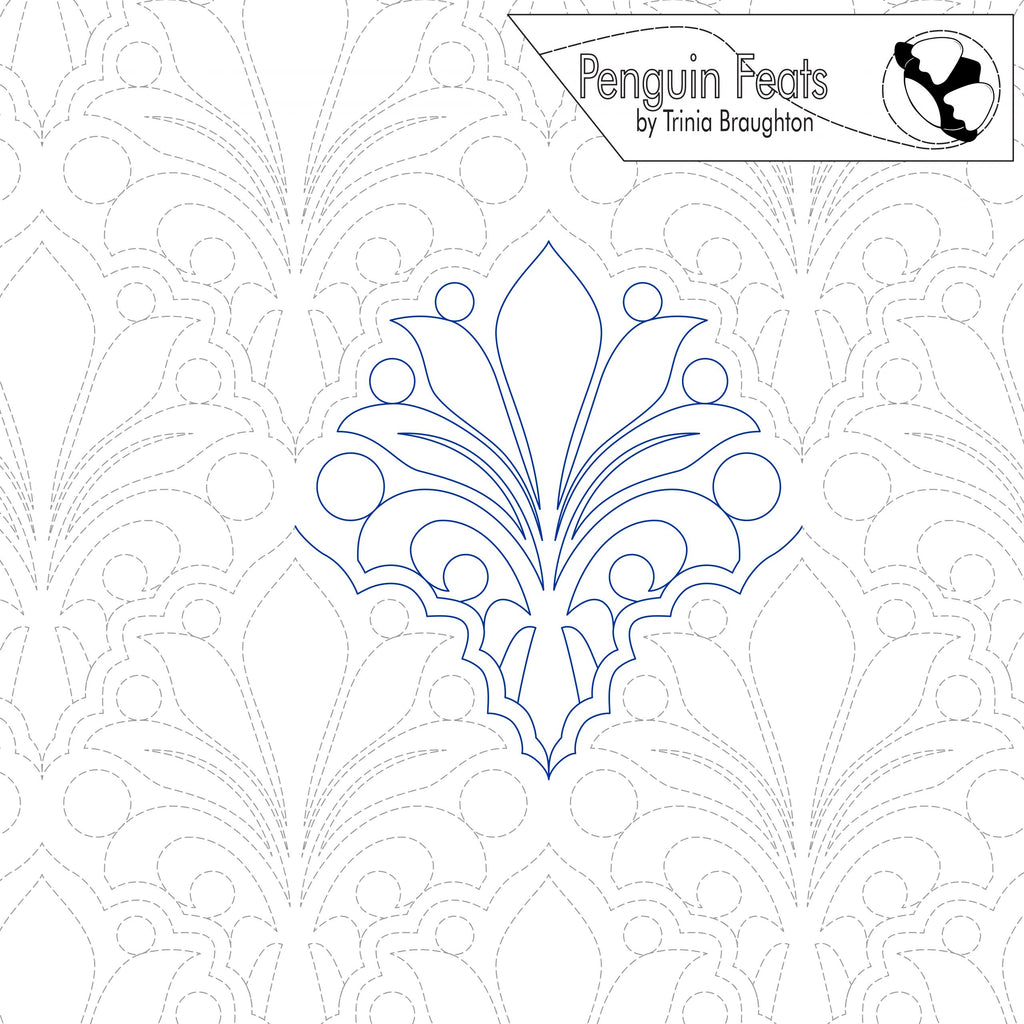 Decorative pattern with a central design and 'Penguin Feats by Trinia Braughton' logo at the top.