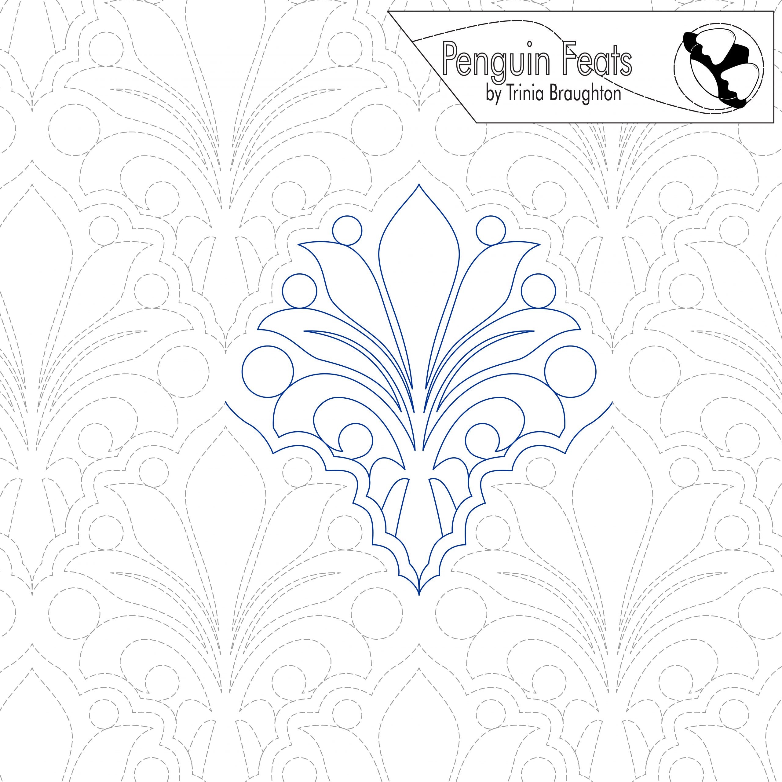 Decorative pattern with a central design and 'Penguin Feats by Trinia Braughton' logo at the top.