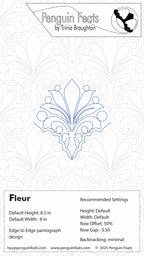 Design card for 'Fleur' pattern by Penguin Feats with decorative elements and branding.