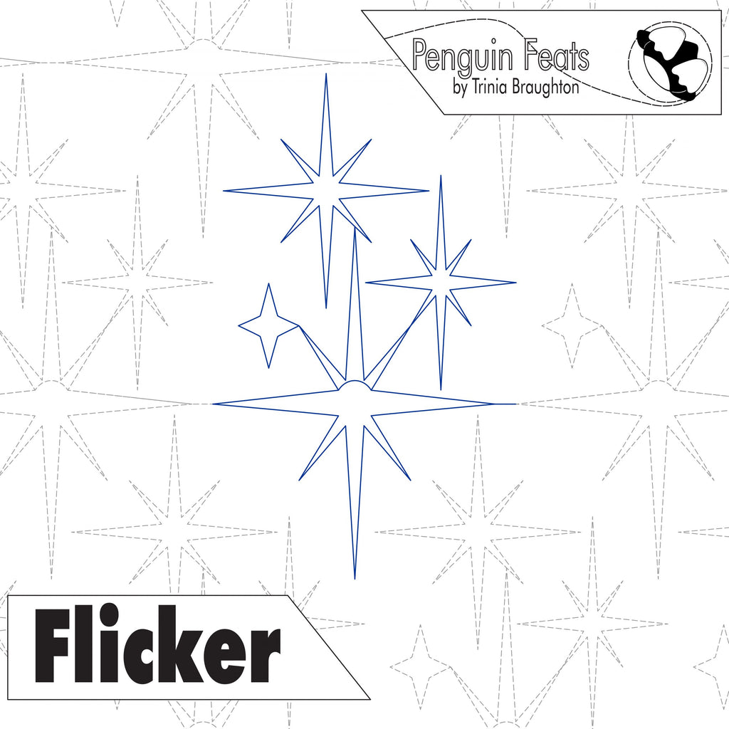 Star-shaped design with 'Flicker' text and 'Penguin Feats' branding on a patterned background.