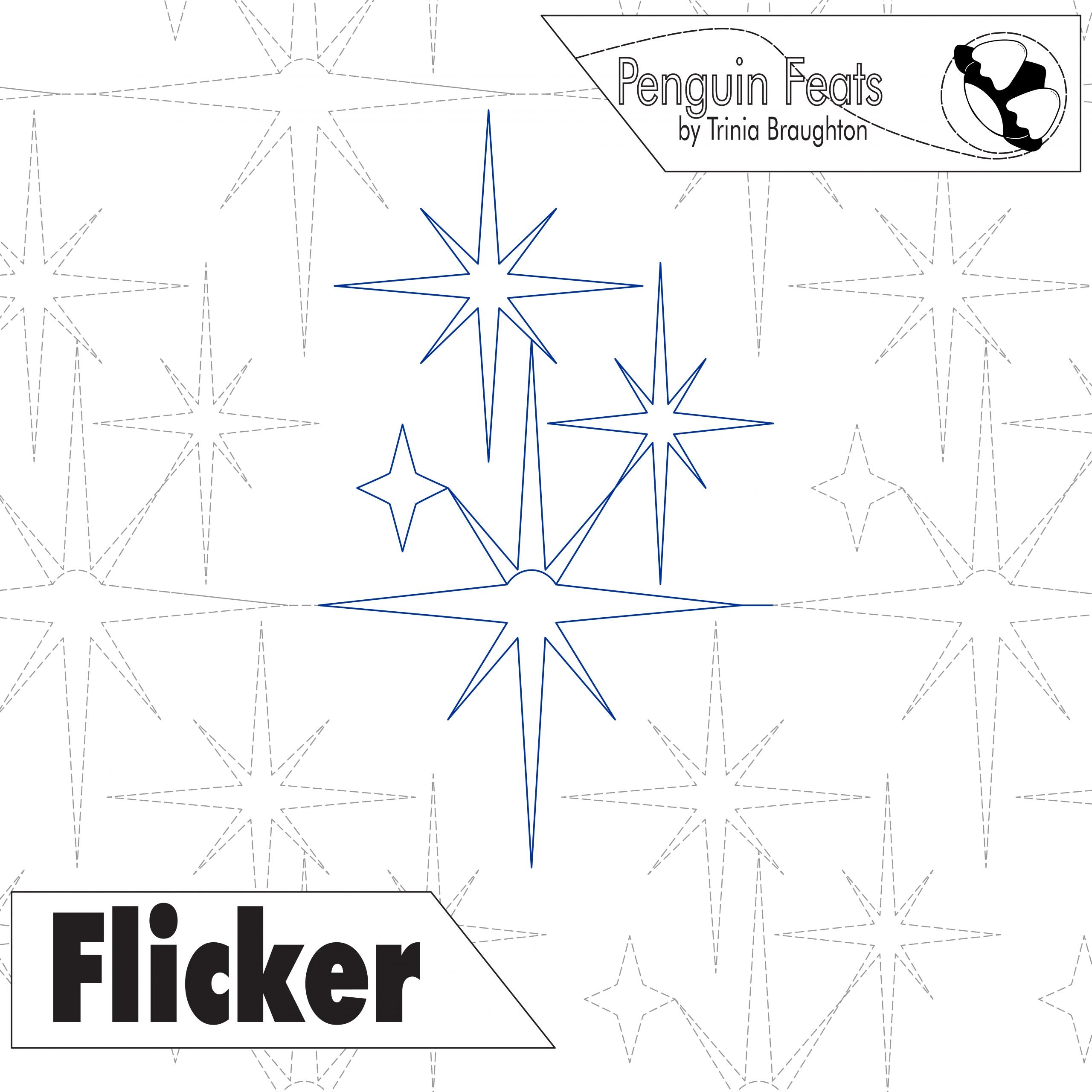 Star-shaped design with 'Flicker' text and 'Penguin Feats' branding on a patterned background.