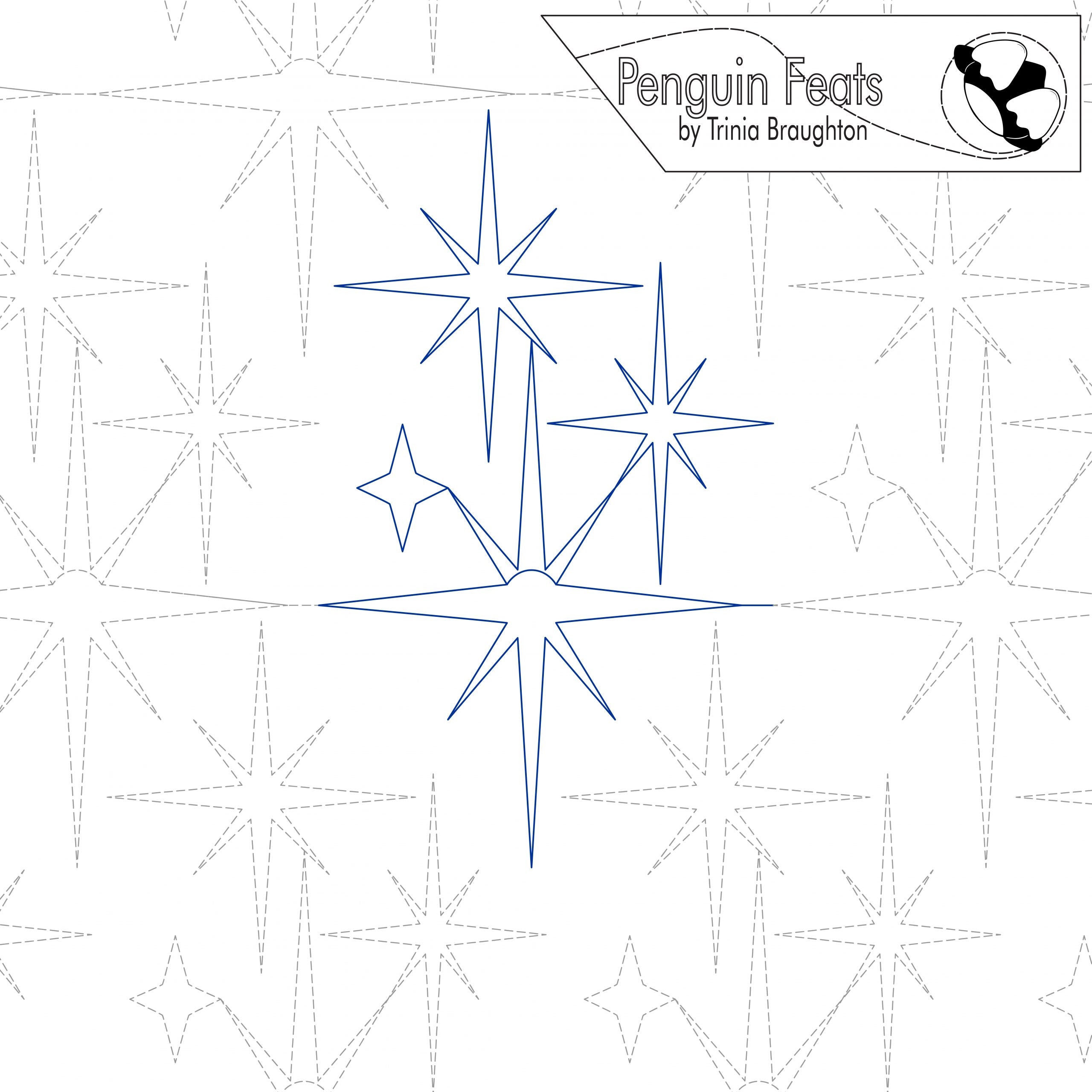 Blue star designs on a white background with 'Penguin Feats' branding.