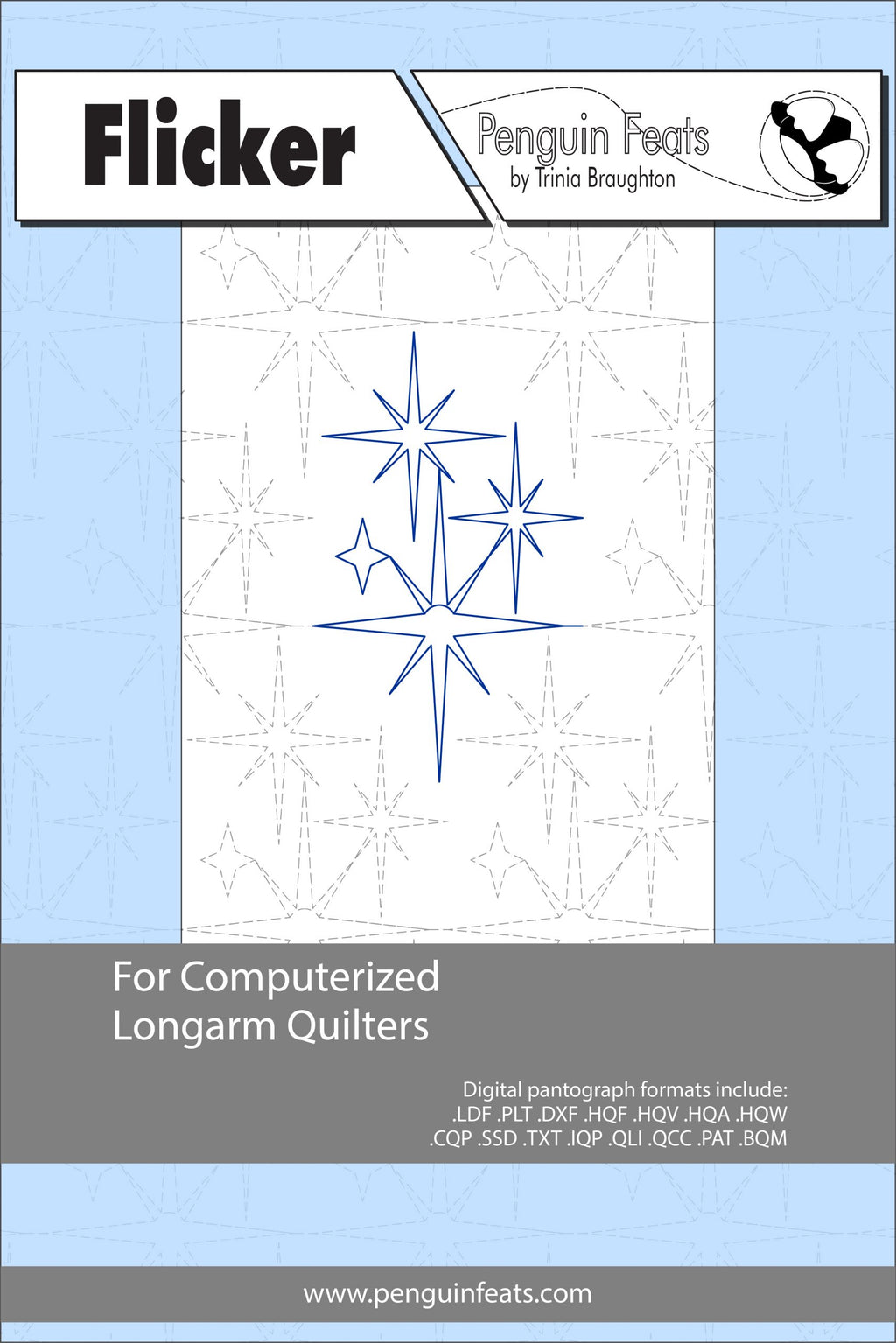 Quilting design sheet titled 'Flicker' by Penguin Feats with star design on a blue background.