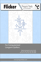 Quilting design sheet titled 'Flicker' by Penguin Feats with star design on a blue background.