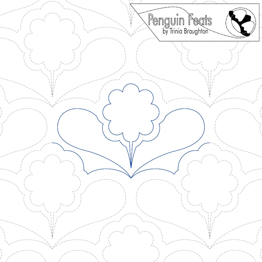 Quilting design with floral patterns and 'Penguin Feats' branding.