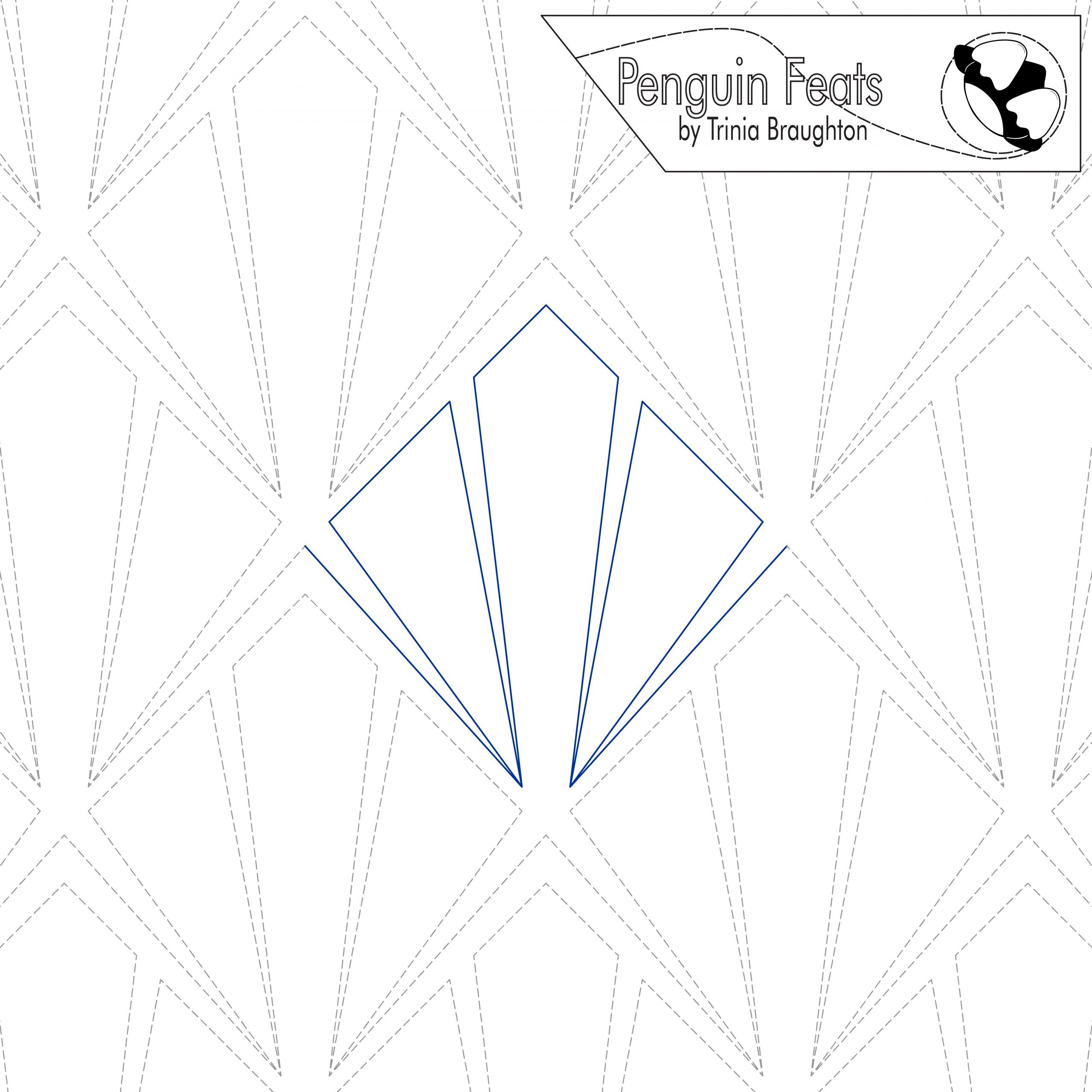 Geometric pattern with a blue diamond shape on a white background, featuring the text 'Penguin Feats by Trinia Braughton'.