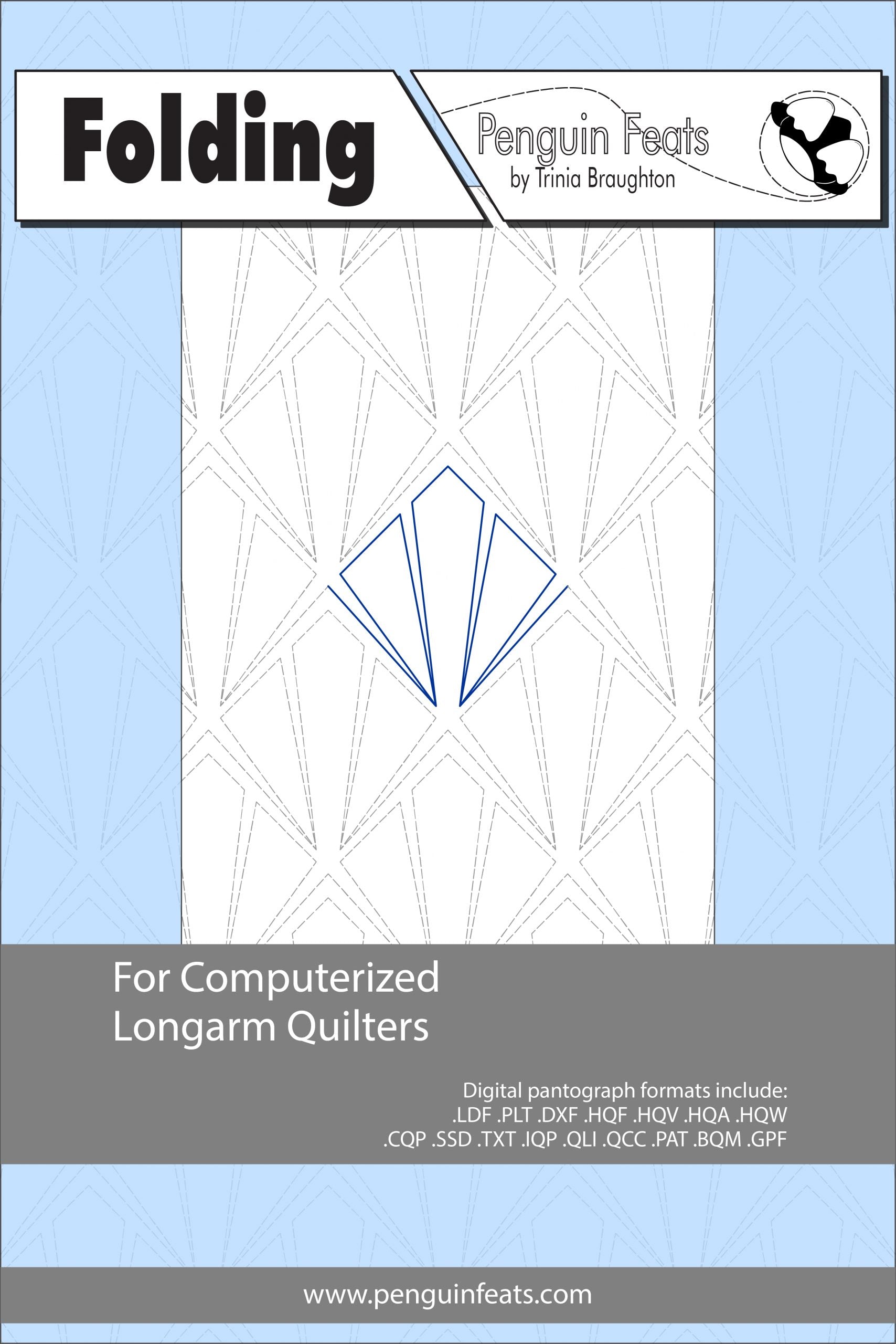Quilting sheet titled 'Folding' by Trinia Braughton with geometric design on a light blue background.