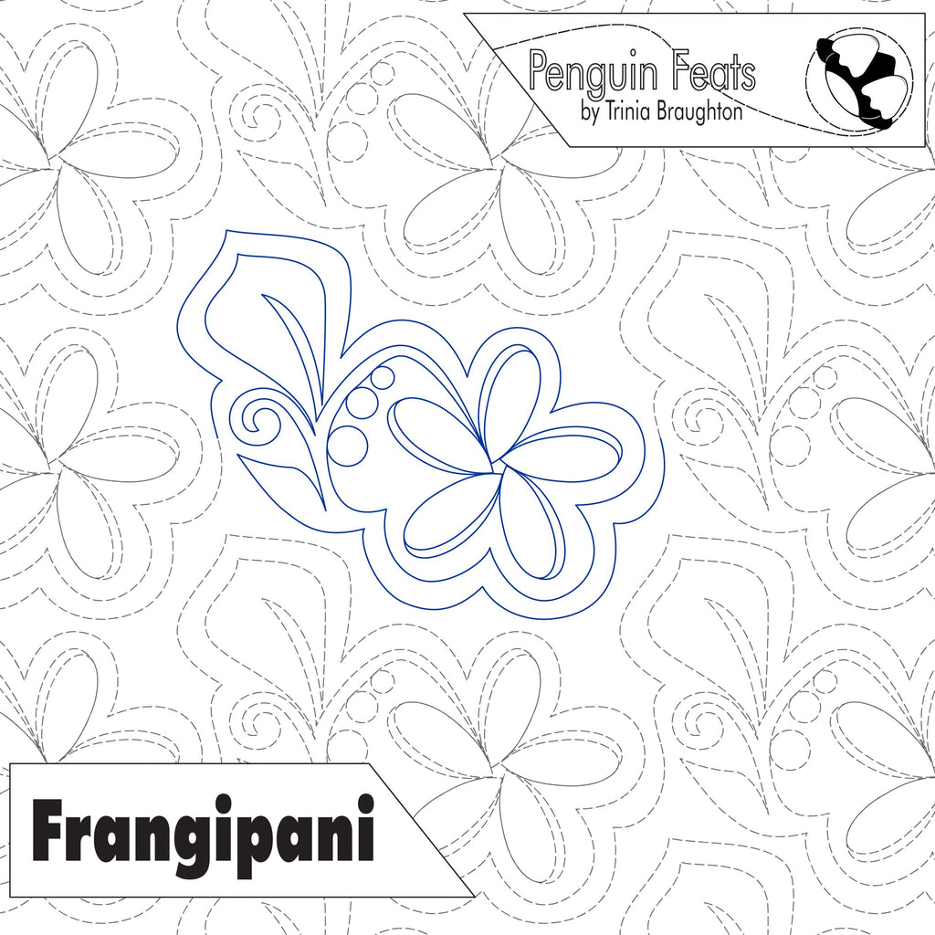 Design of a frangipani flower with floral patterns on a white background, featuring the brand 'Penguin Feats' by Trinia Braughton.