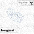 Design of a frangipani flower with floral patterns on a white background, featuring the brand 'Penguin Feats' by Trinia Braughton.