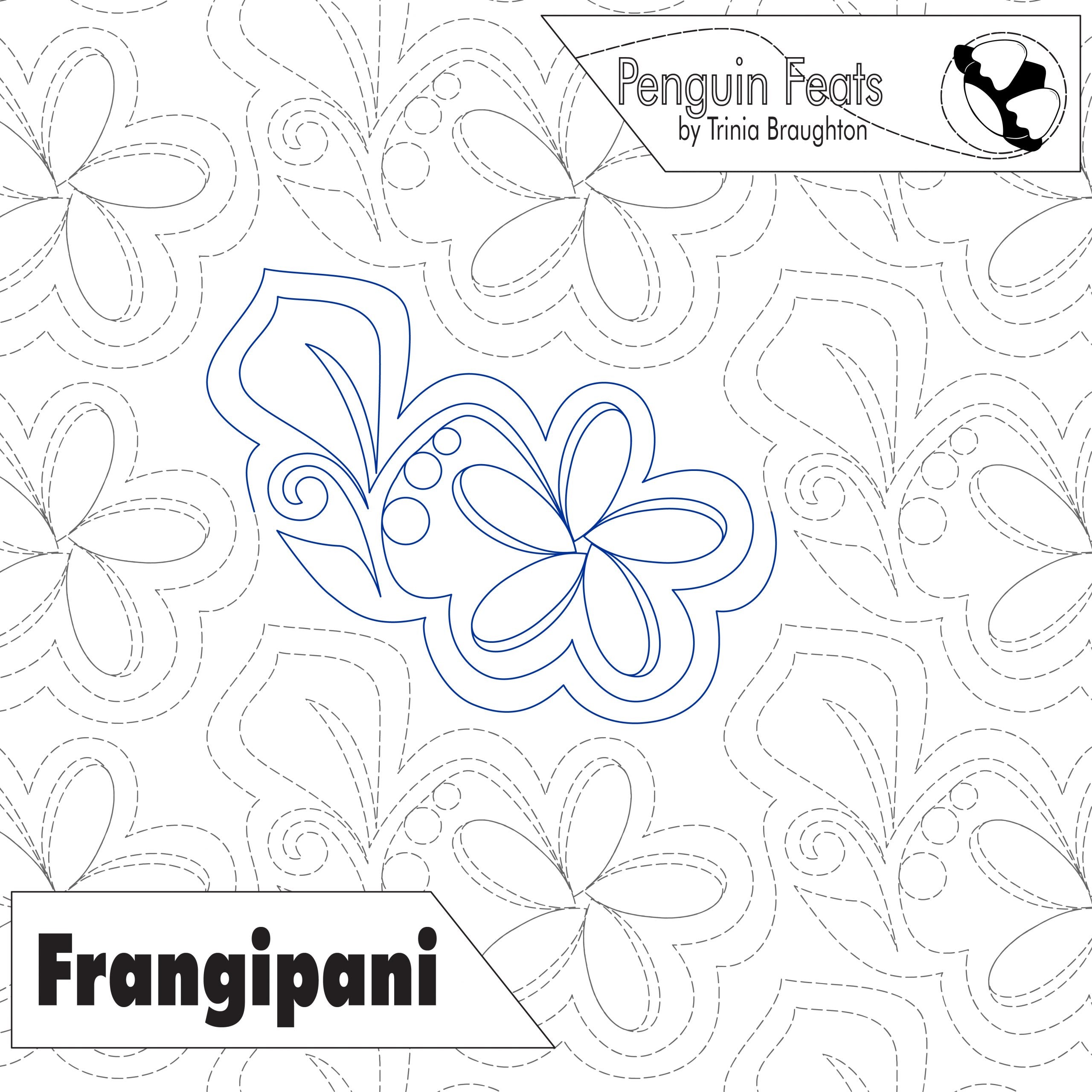 Design of a frangipani flower with floral patterns on a white background, featuring the brand 'Penguin Feats' by Trinia Braughton.