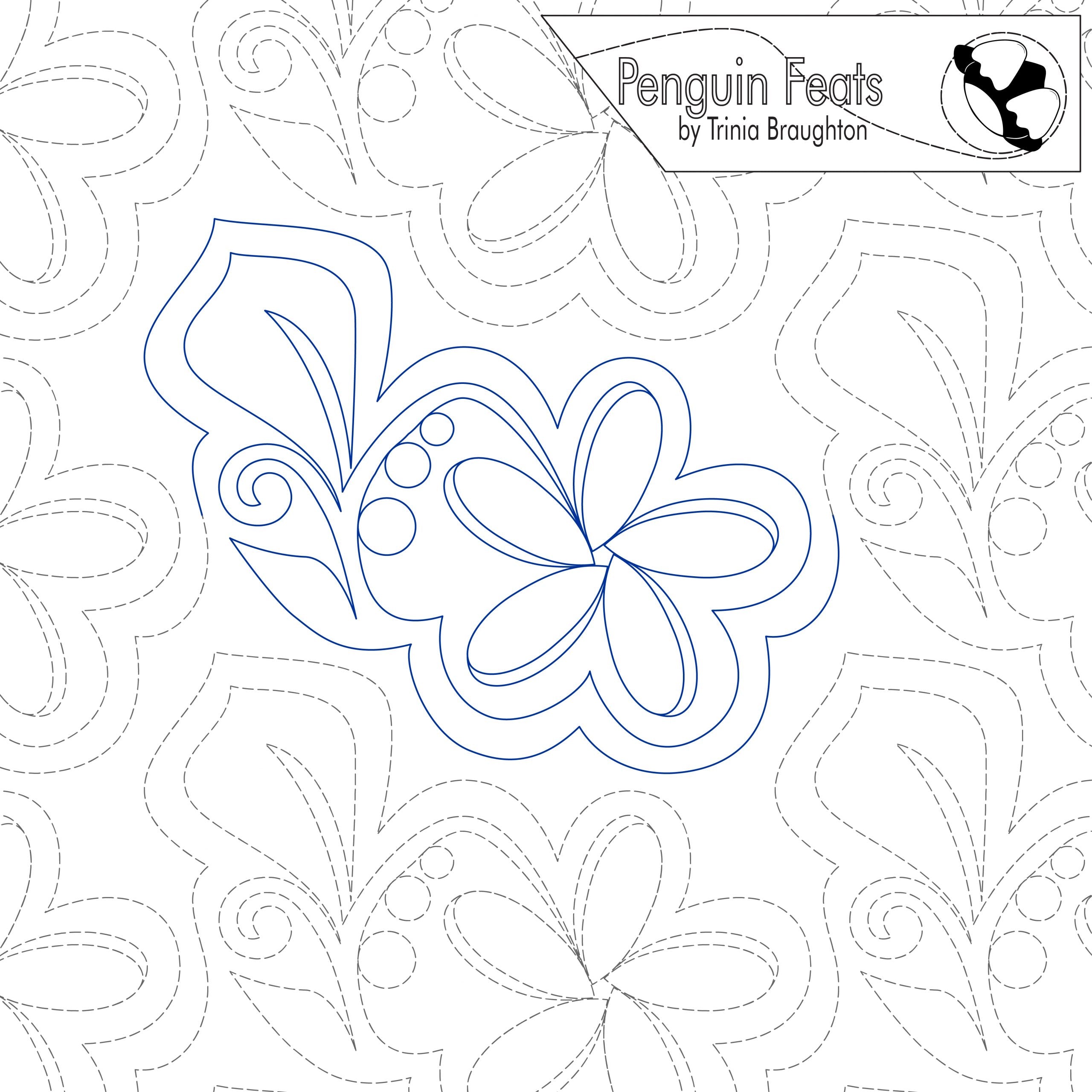 Floral design with 'Penguin Feats' branding on a white background