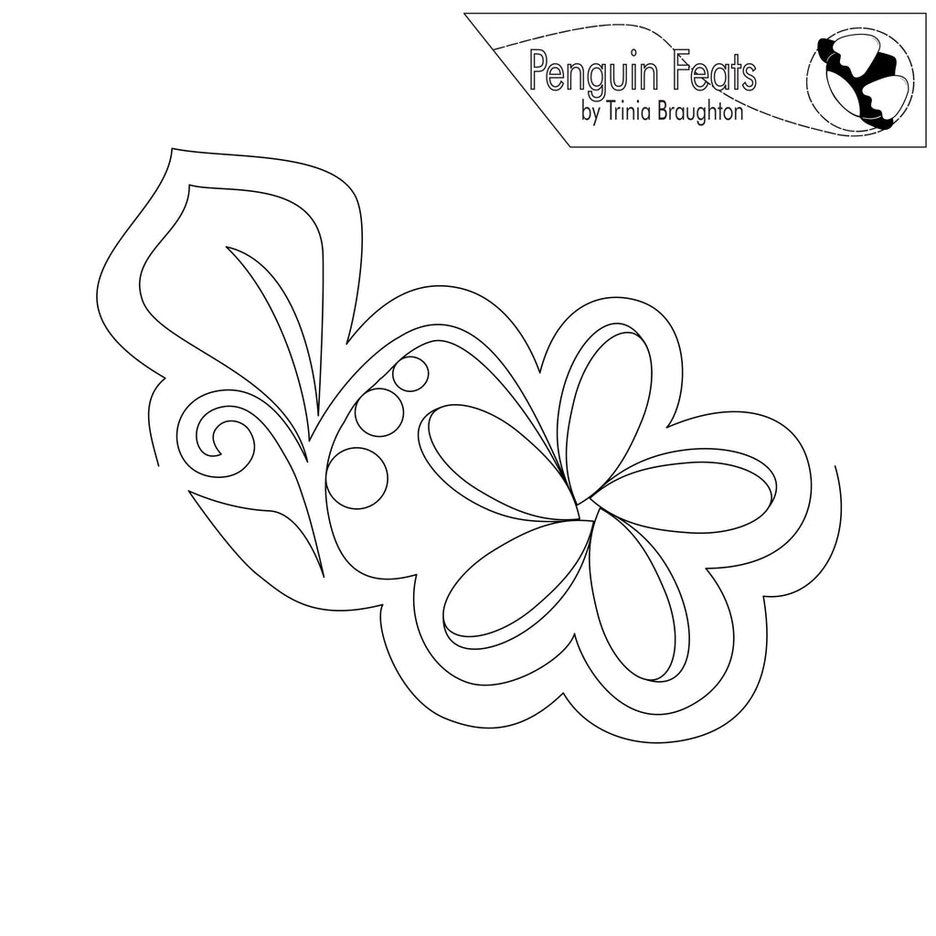Plumeria floral outline design with 'Penguin Feats' branding at the top.