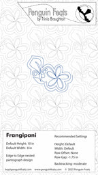 Design sheet with settings of a frangipani flower pattern on a white background with 'Penguin Feats' branding.