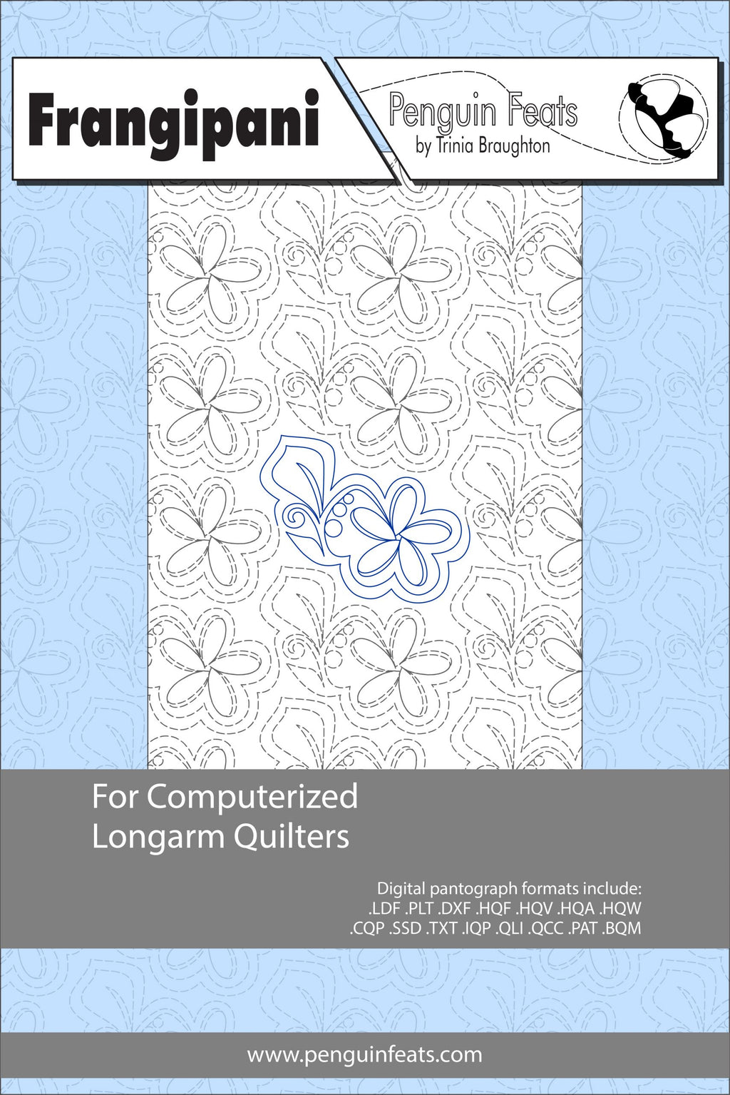 Pattern sheet for computerized longarm quilters with floral design and branding.