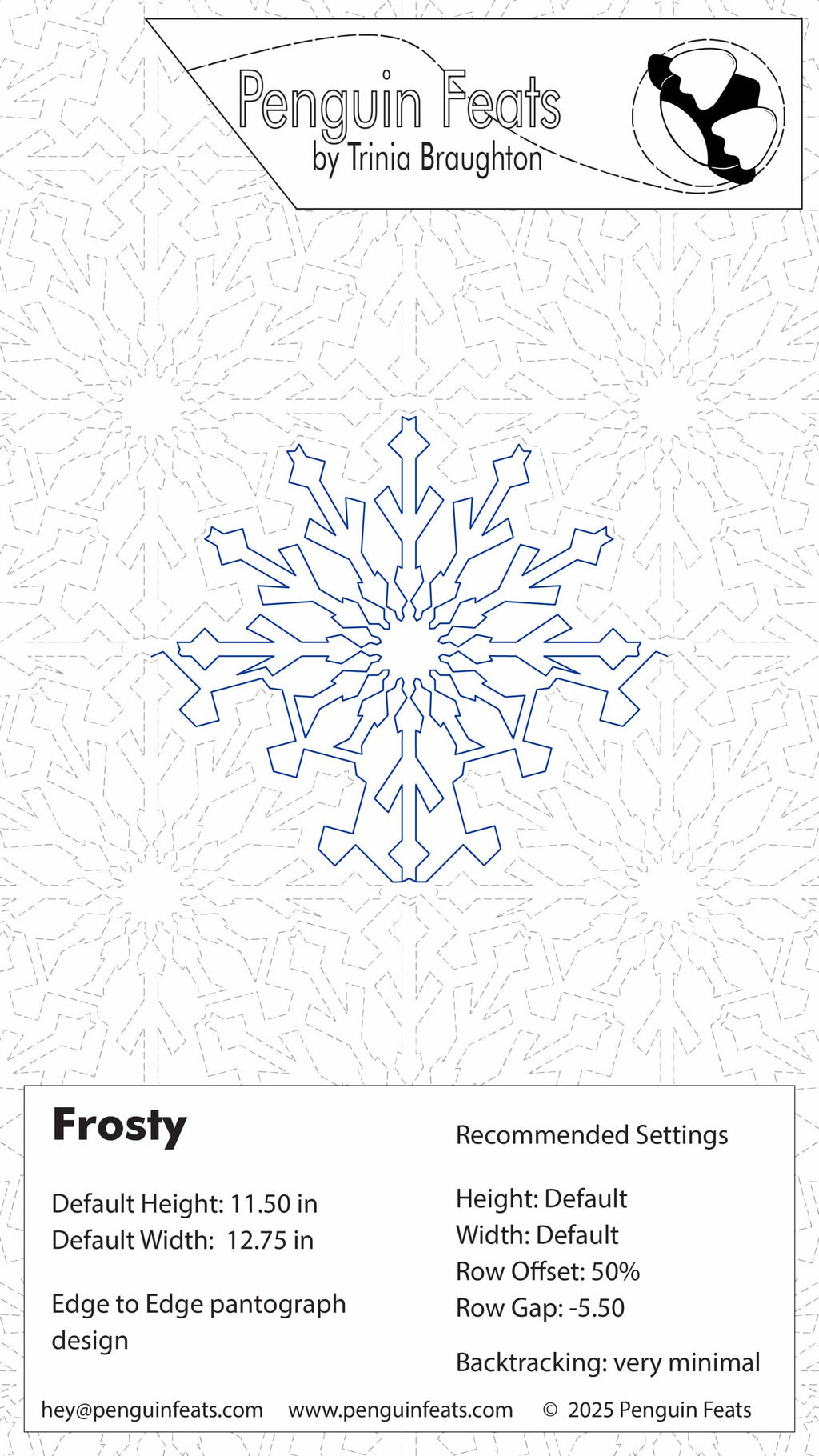 Snowflake design with Trinia Braughton's 'Penguin Feats' branding on a light gray background.
