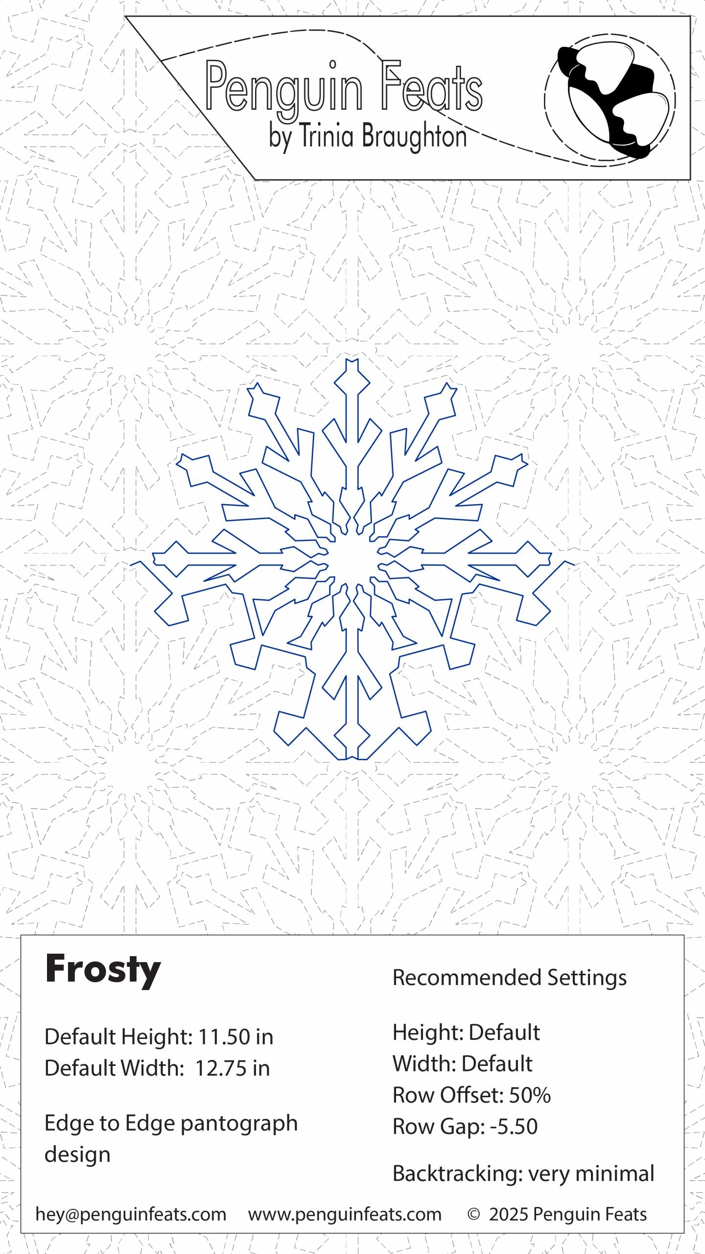 Snowflake design with Trinia Braughton's 'Penguin Feats' branding on a light gray background.