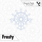 Design of a snowflake with 'Frosty' and 'Penguin Feats' text on a white background