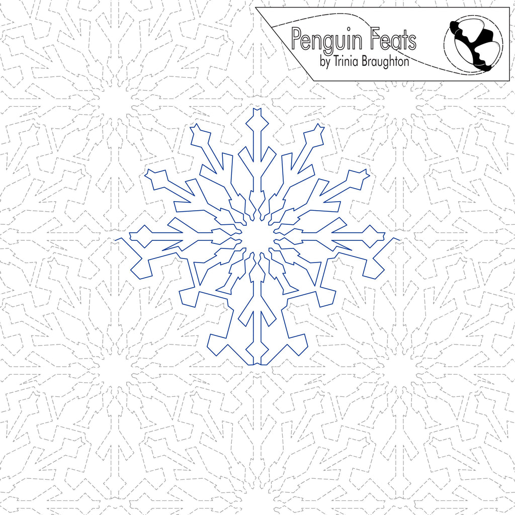 Blue snowflake design on a white background with 'Penguin Feats' branding.