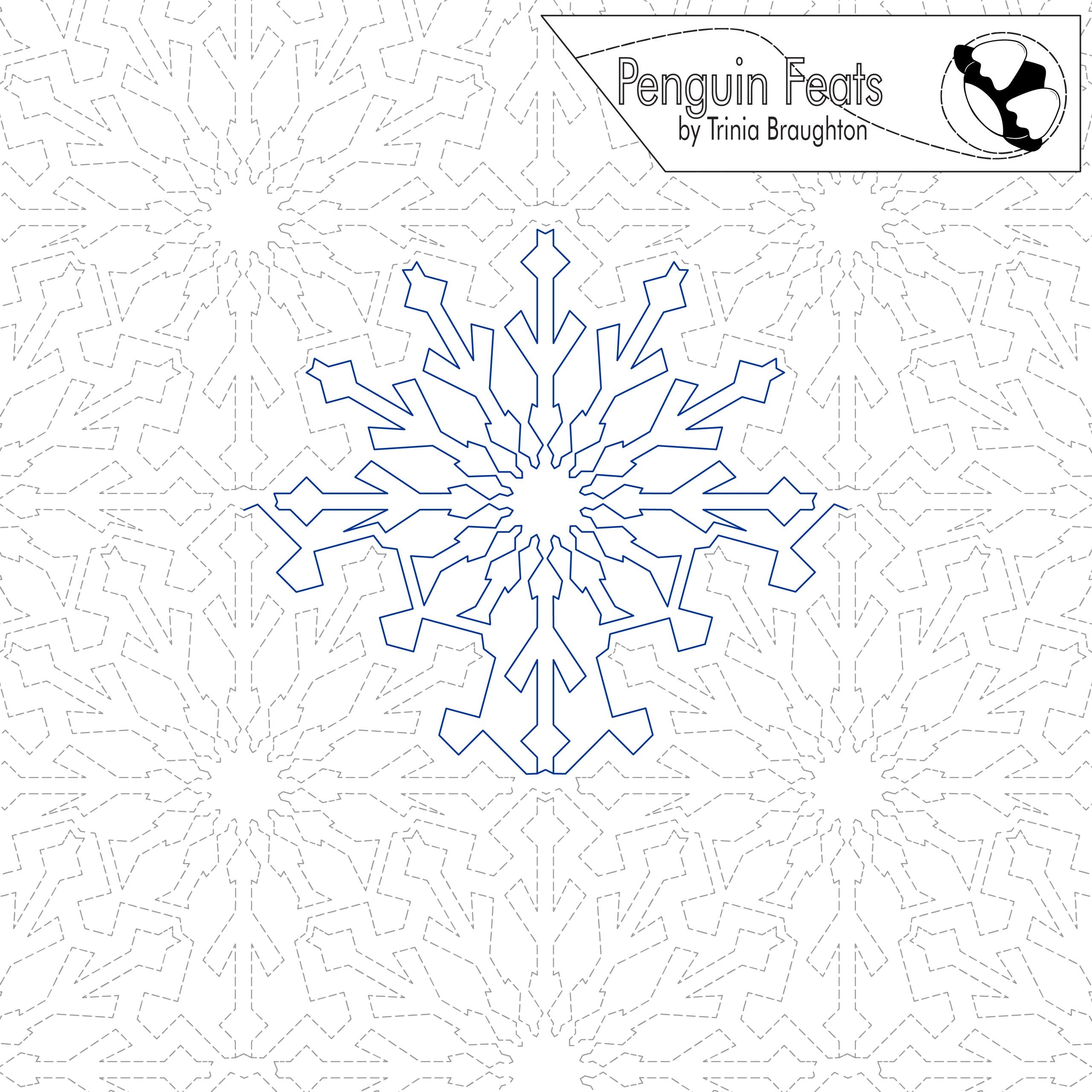 Blue snowflake design on a white background with 'Penguin Feats' branding.