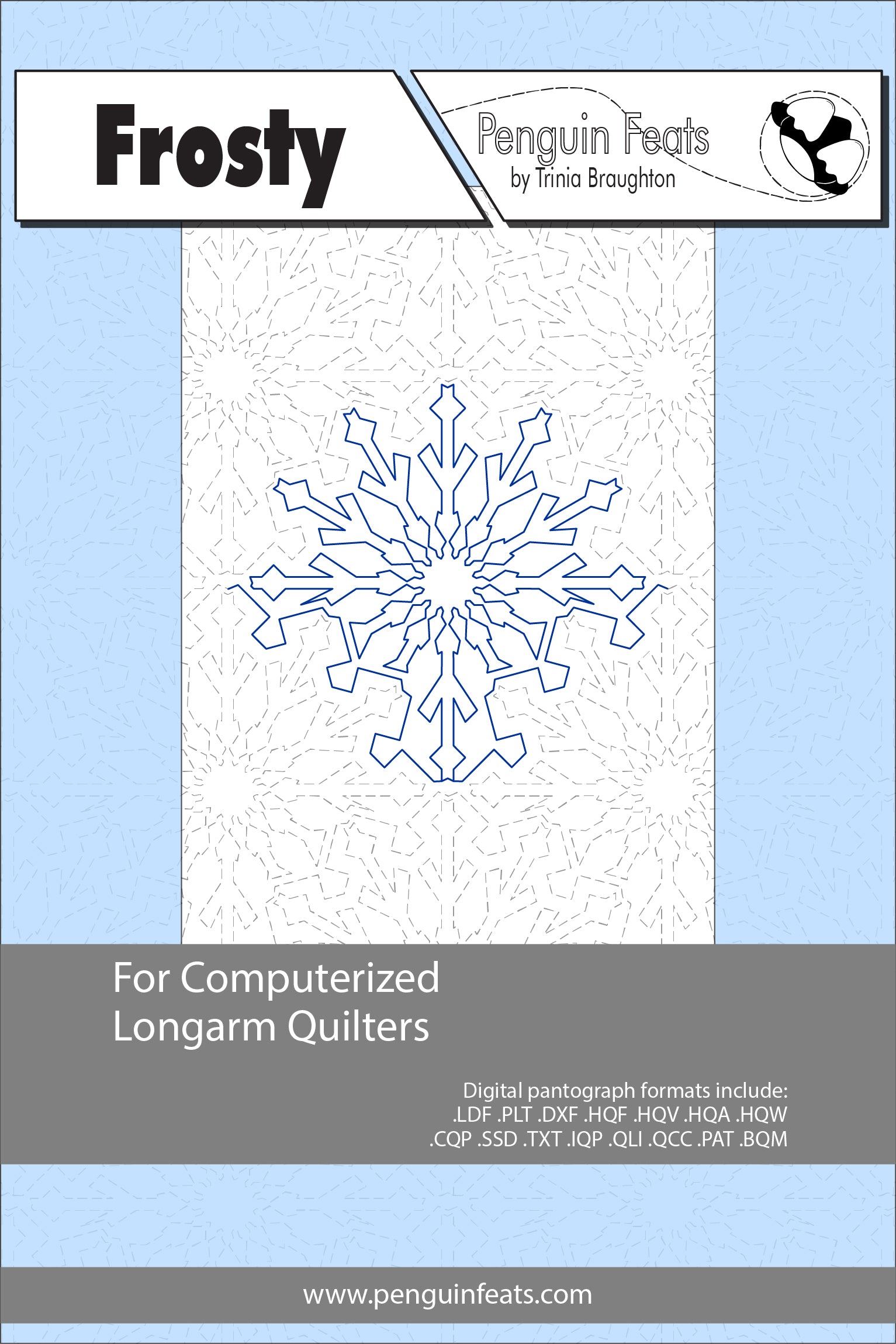 Design for computerized longarm quilters with a snowflake pattern on a light blue background.