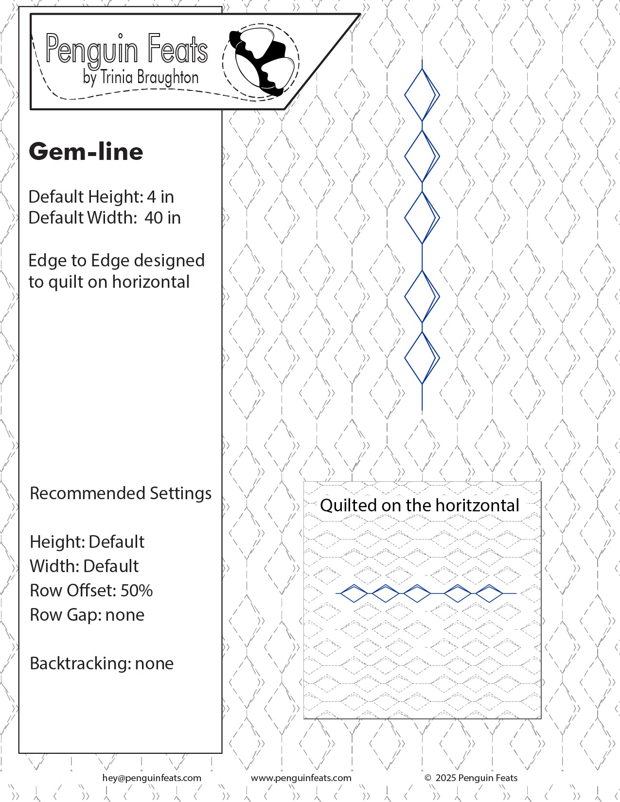 Quilting design pattern with geometric line on a white background, featuring 'Penguin Feats' branding.