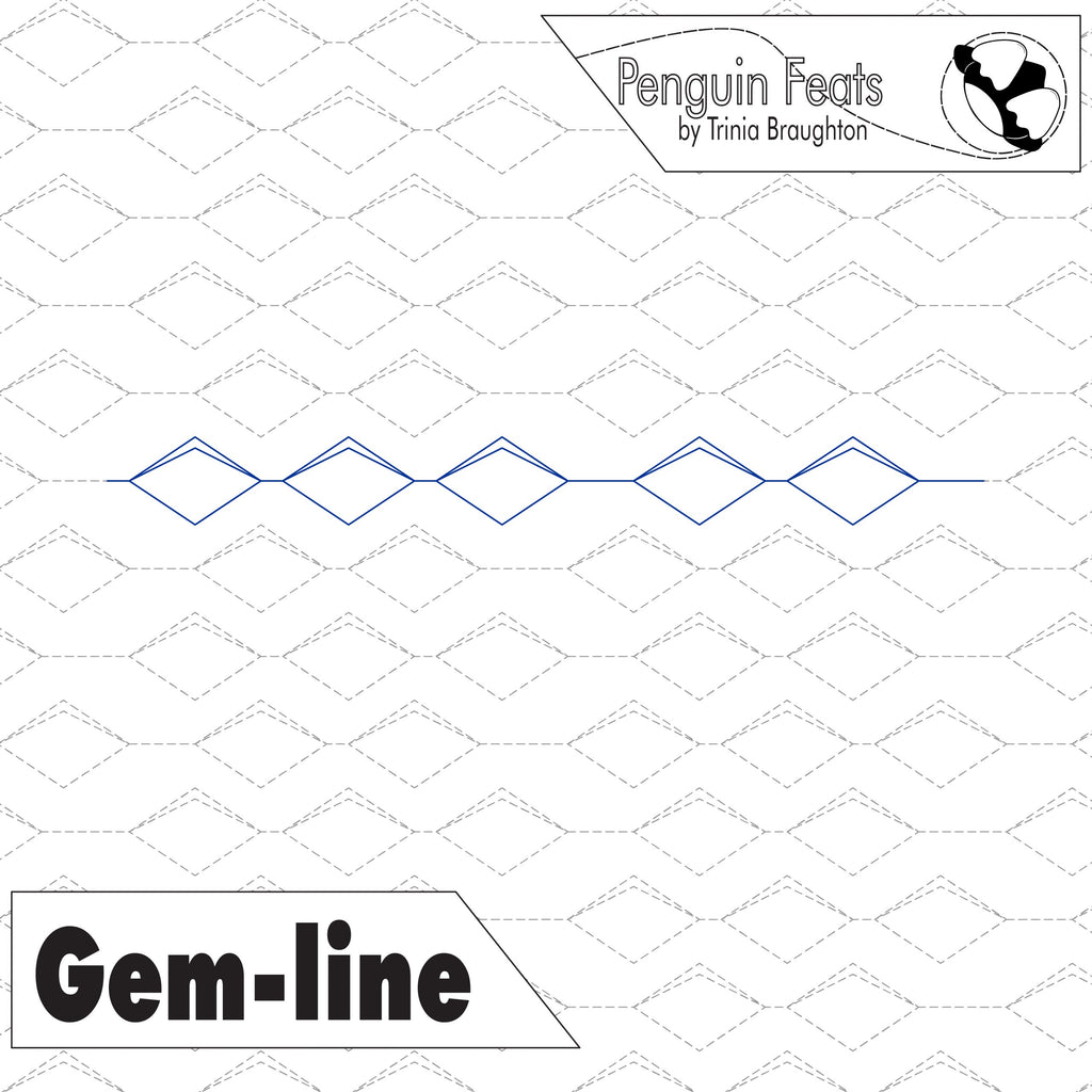 Quilting design with 'Gem-line' on a quilt background, featuring the brand 'Penguin Feats'.