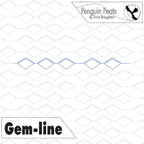 Quilting design with 'Gem-line' on a quilt background, featuring the brand 'Penguin Feats'.