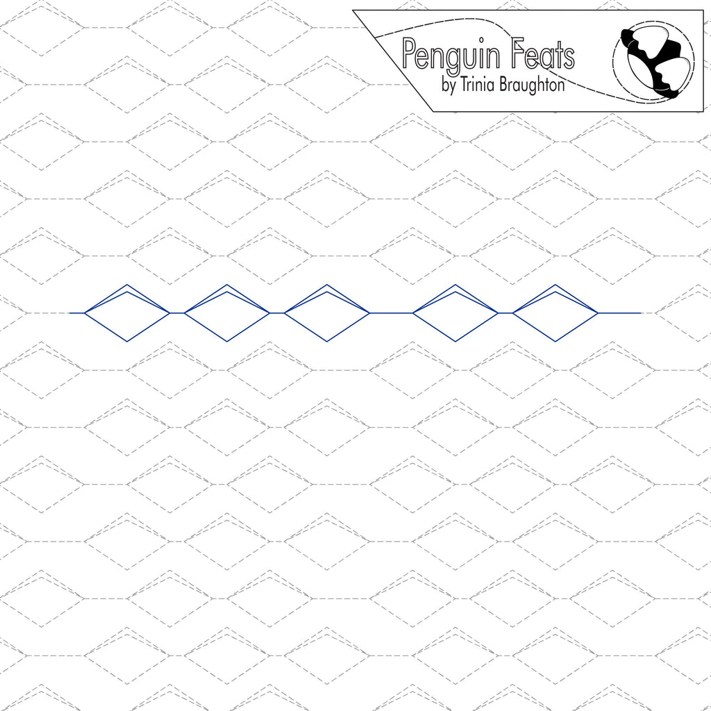 Quilting pantograph pattern with zigzag line on a white background, featuring 'Penguin Feats' by Trinia Braughton.