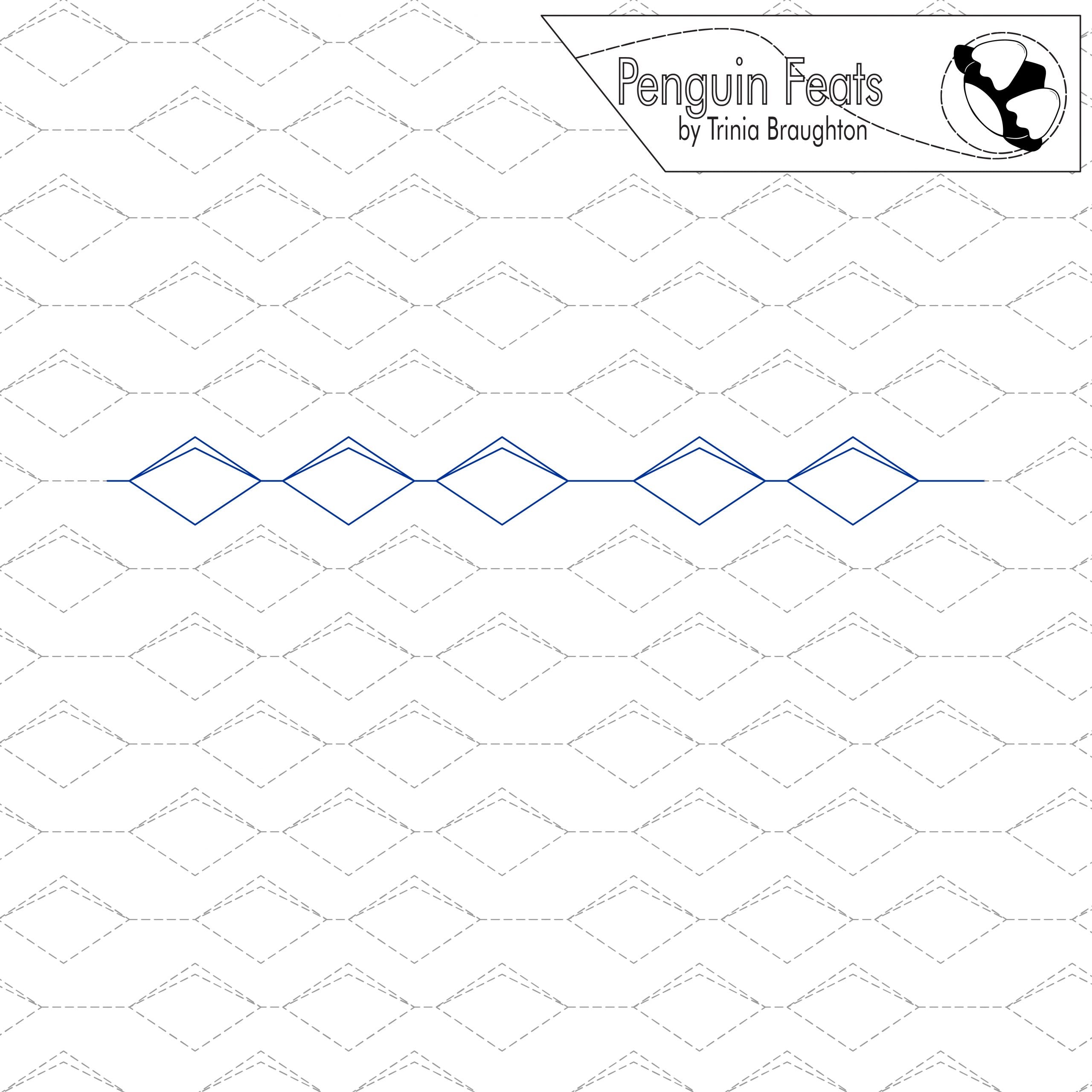 Quilting pantograph pattern with zigzag line on a white background, featuring 'Penguin Feats' by Trinia Braughton.