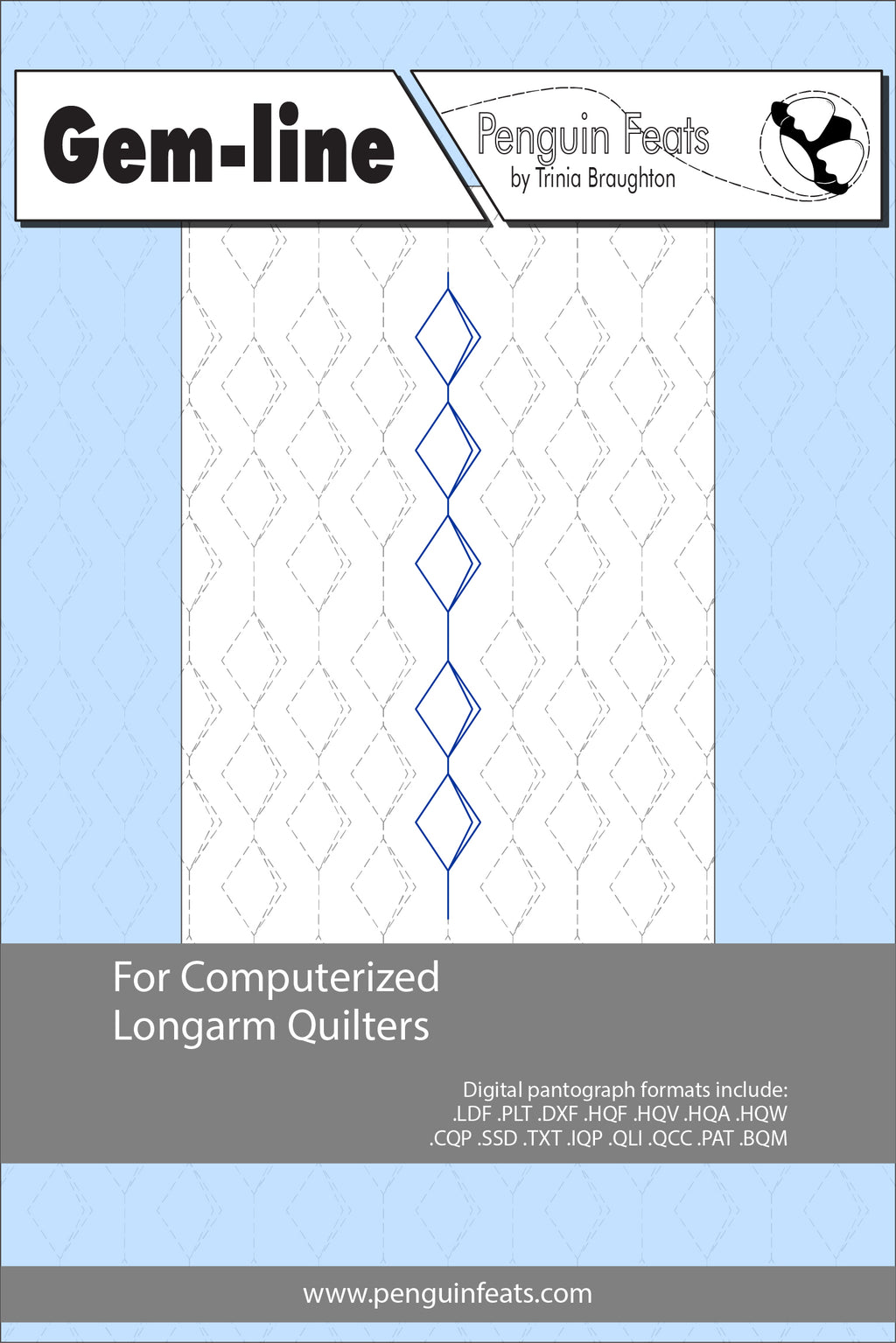 Quilting pattern sheet titled 'Gem-line' by Penguin Feats on a blue background.