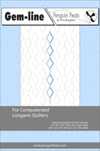 Quilting pattern sheet titled 'Gem-line' by Penguin Feats on a blue background.