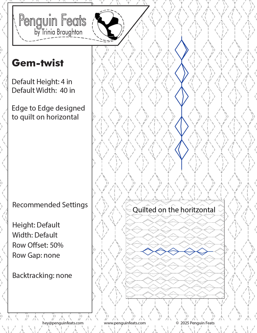 Quilting design pattern for 'Gem-twist' by Trinia Braughton with text and geometric pattern.
