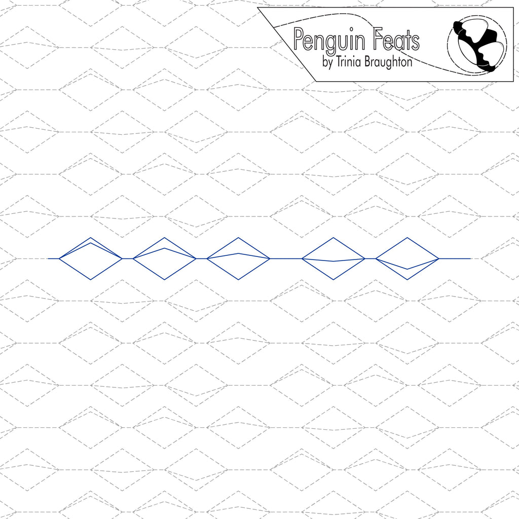 Quilt design with 'Penguin Feats' by Trinia Braughton logo at the top.