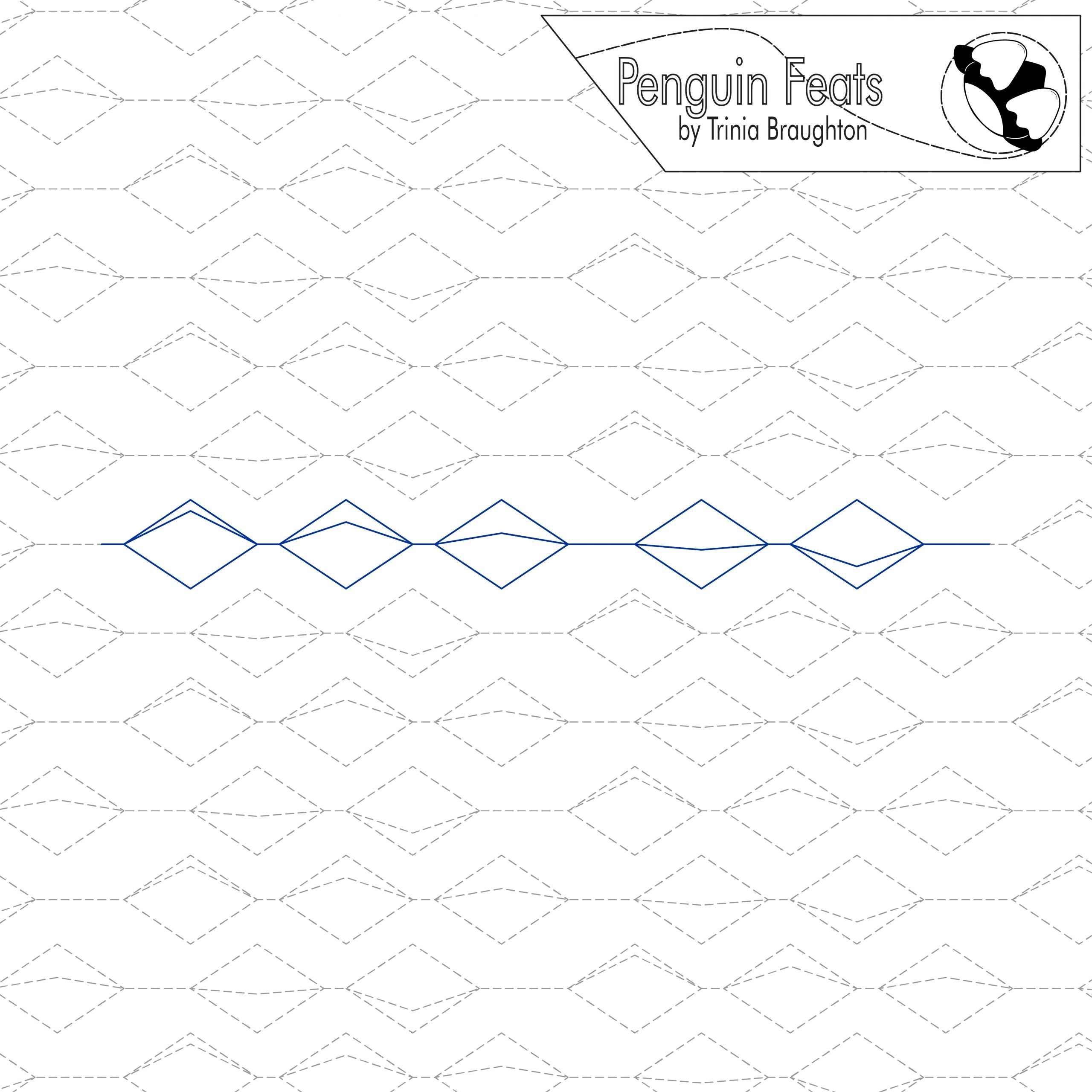 Quilt design with 'Penguin Feats' by Trinia Braughton logo at the top.