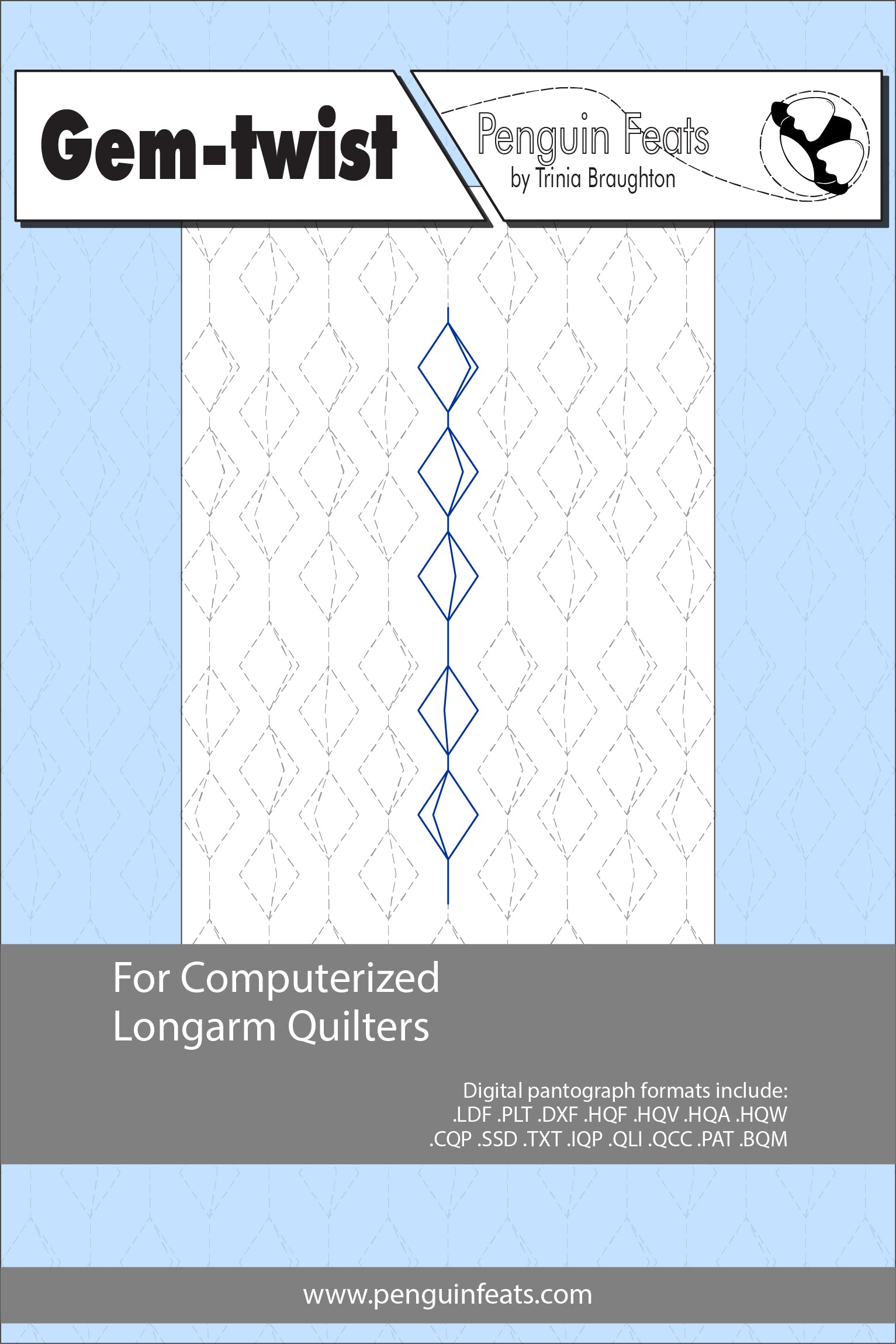 Pattern sheet for computerized longarm quilters with a blue and gray design on a light blue background.