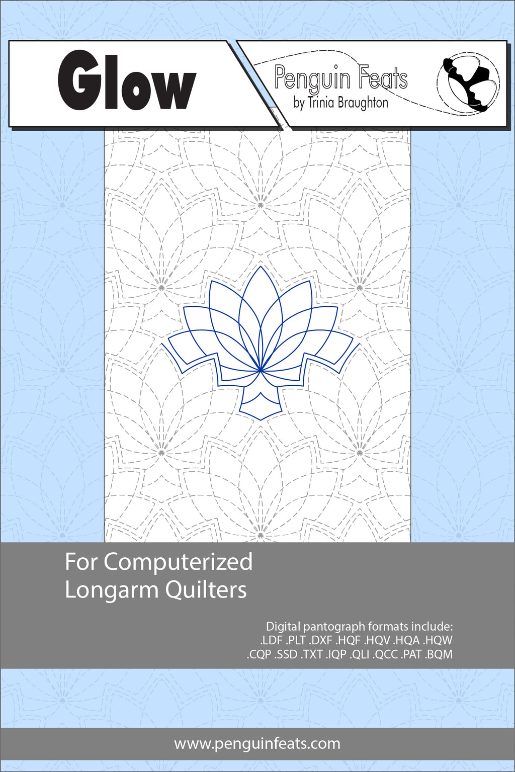 Glow pattern for computerized longarm quilters with a blue flower design on a light blue background.