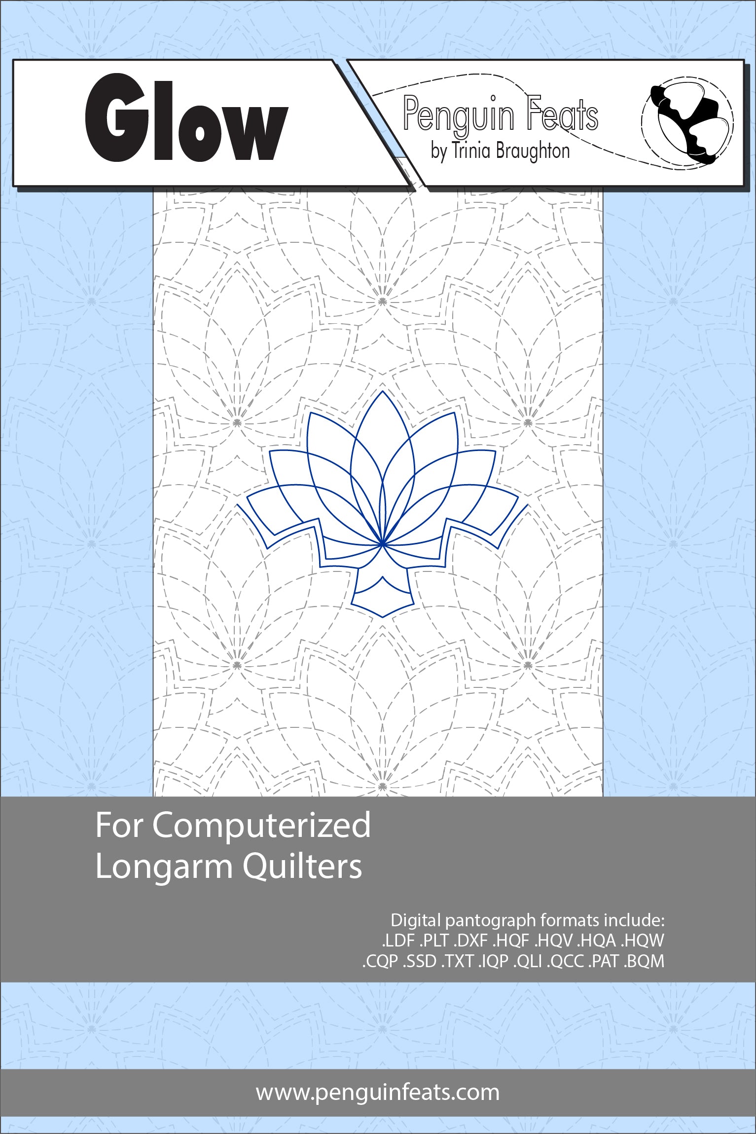 Glow pattern for computerized longarm quilters with a blue flower design on a light blue background.