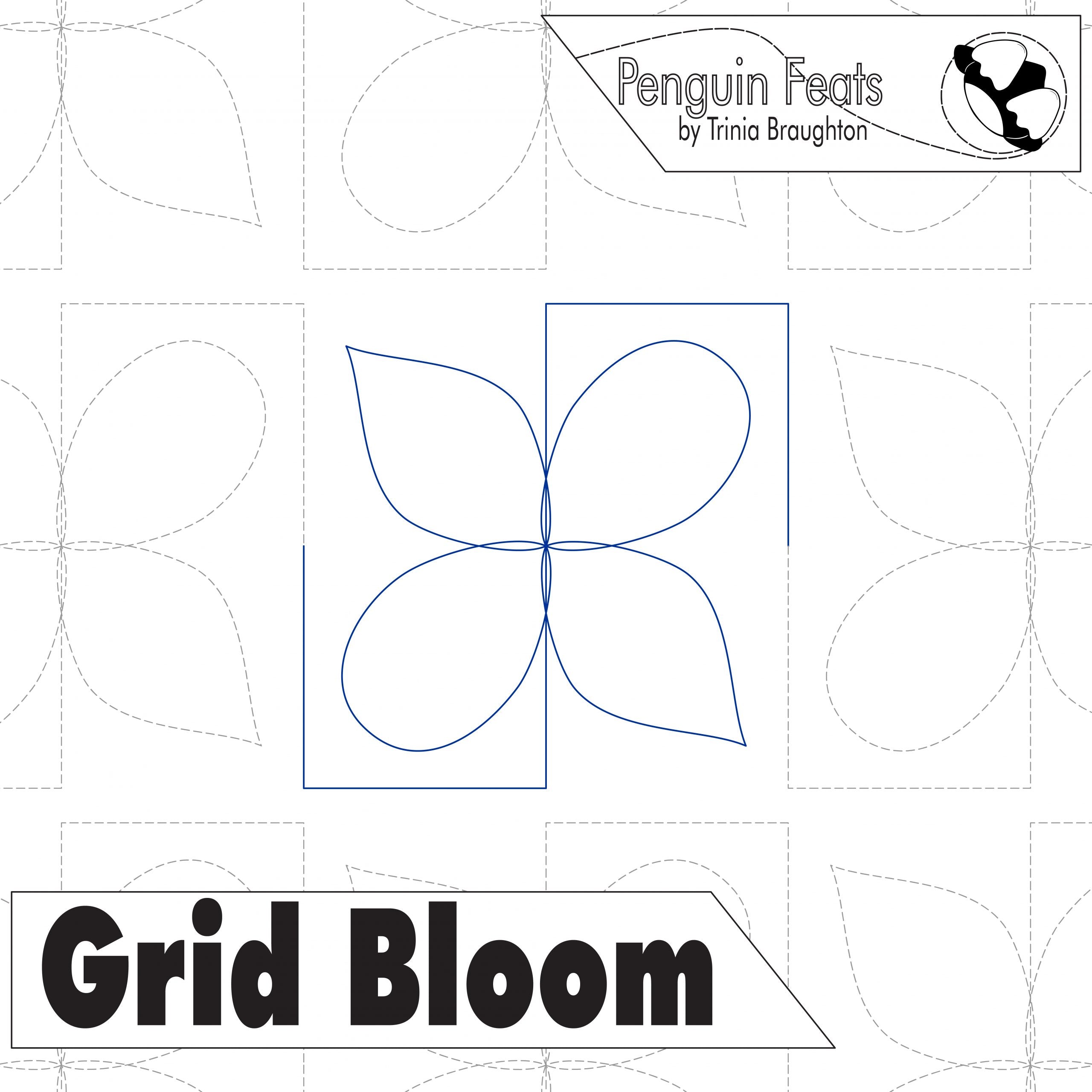 Design pattern with 'Grid Bloom' and 'Penguin Feats' branding on a white background