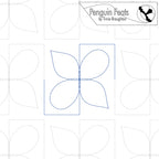 Quilt block design with penguin illustration and 'Penguin Feats' branding.