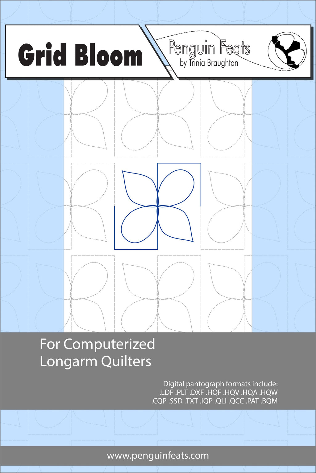 Quilting design sheet for computerized longarm quilters with a blue flower pattern on a light blue background.