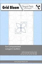 Quilting design sheet for computerized longarm quilters with a blue flower pattern on a light blue background.