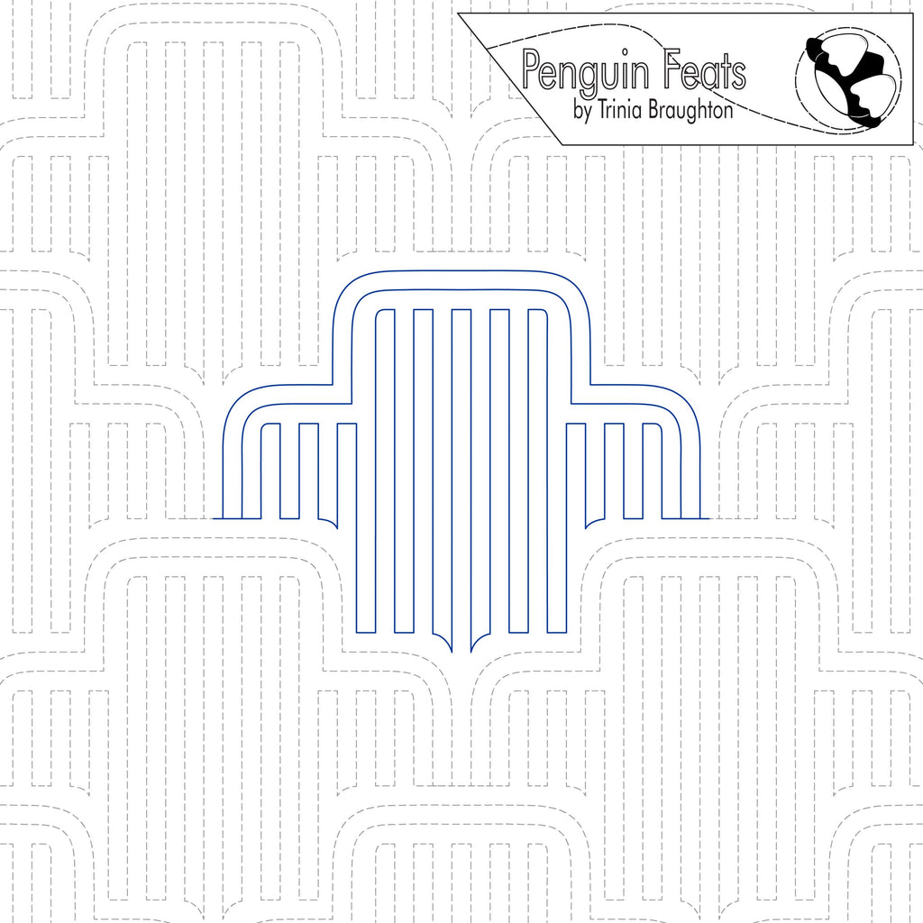Vertical lines repeating on a white background with 'Penguin Feats' branding.
