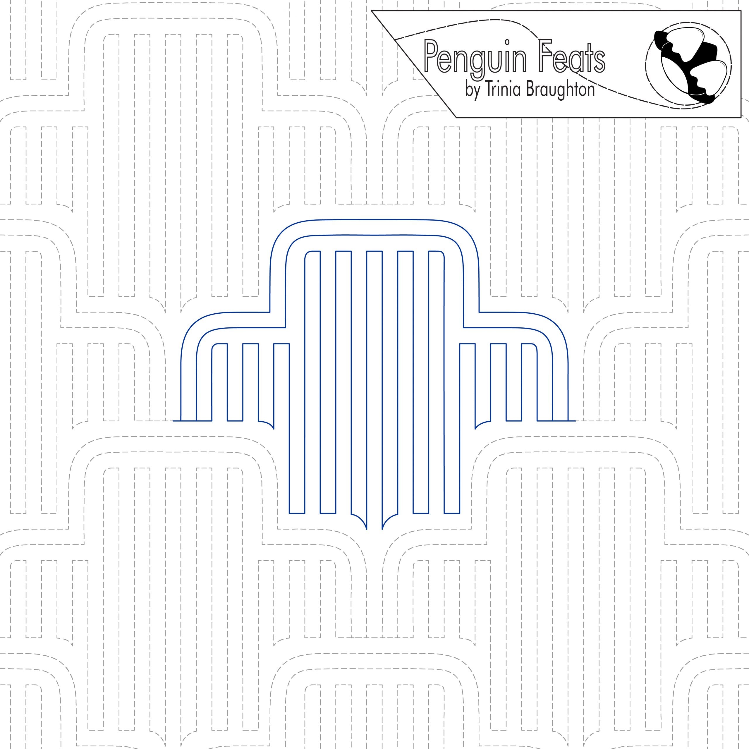 Vertical lines repeating on a white background with 'Penguin Feats' branding.