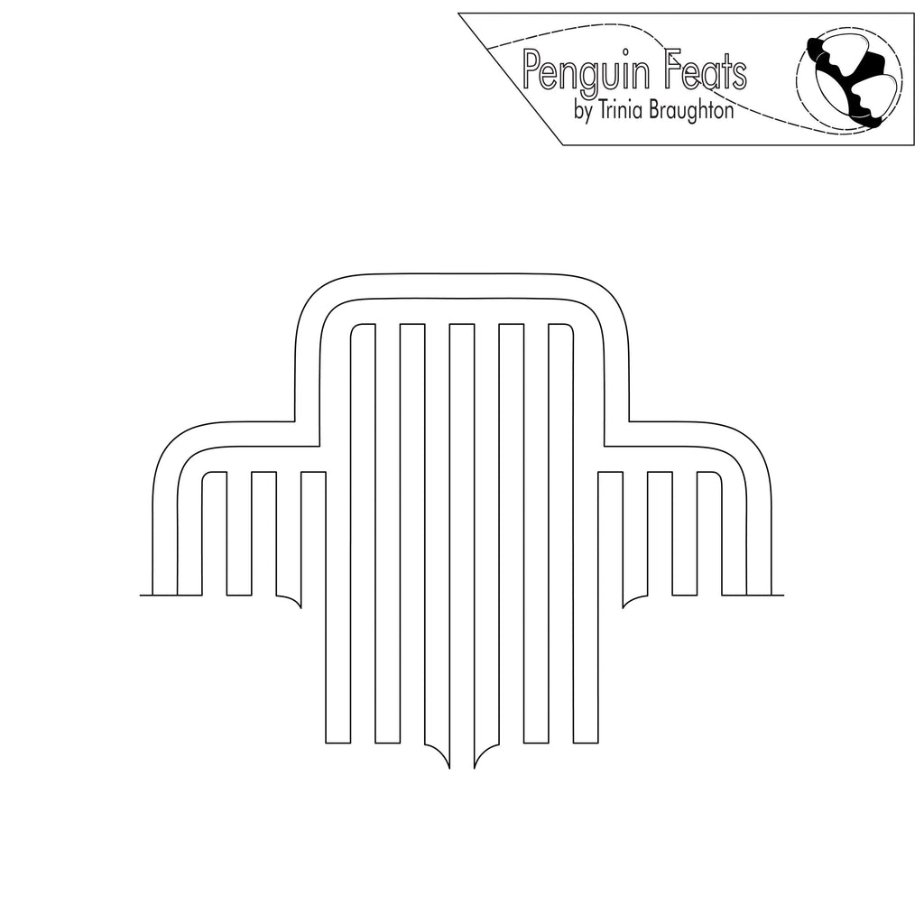 Continuous line design of graphic vertical lines with 'Penguin Feats' logo at the top